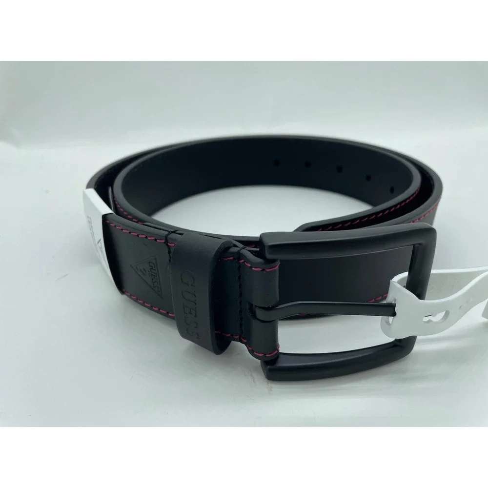 Guess Mens Genuine Leather Belt Black Red Contrast Stitch Matte Buckle New